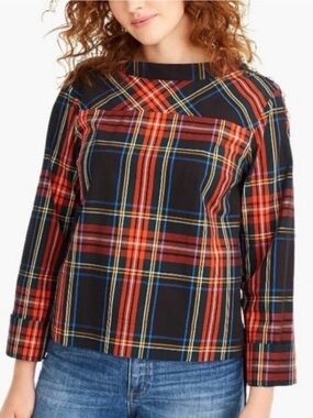 J. Crew Steward Tartan Holiday Plaid Blouse Jeweled Shoulder Sz 4